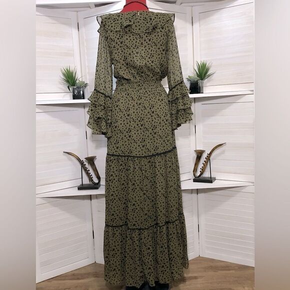Misa Los Angeles Mavistela Dress XS Green Black Dot Ruffled - Picture 3 of 8